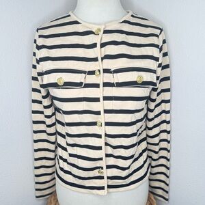 Mango JacketBlack Cream Striped Sweater buttoned jersey long sleeve gold buttons